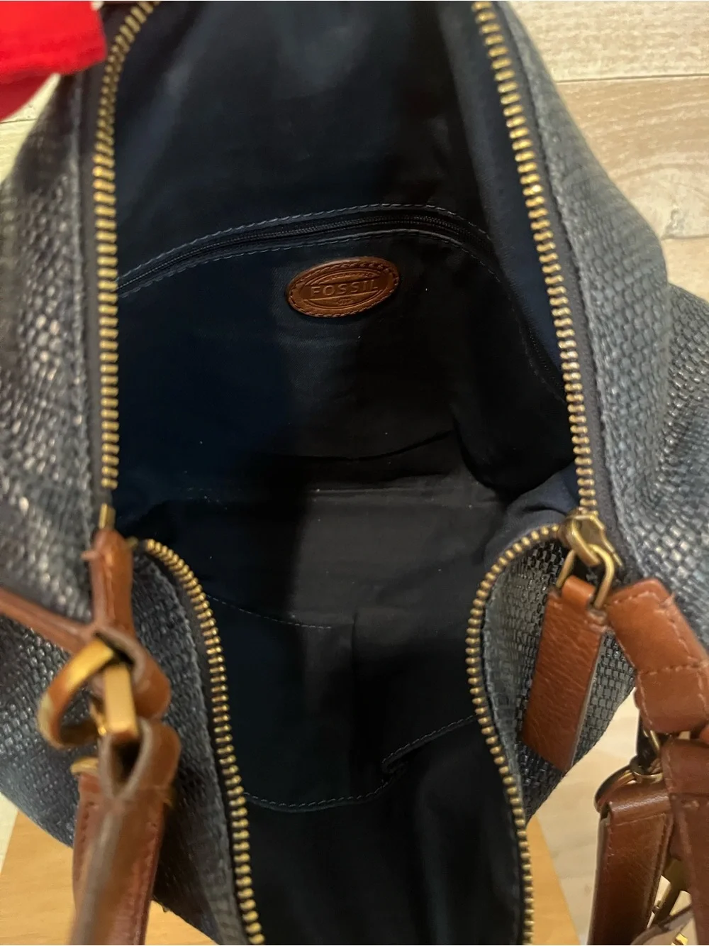 Fossil Woven Navy Hobo Shoulder Bag with Brown Leather Trim
